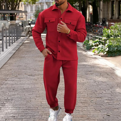 Men's brown suede cargo jacket and pants two-piece set with multi-pocket utility design