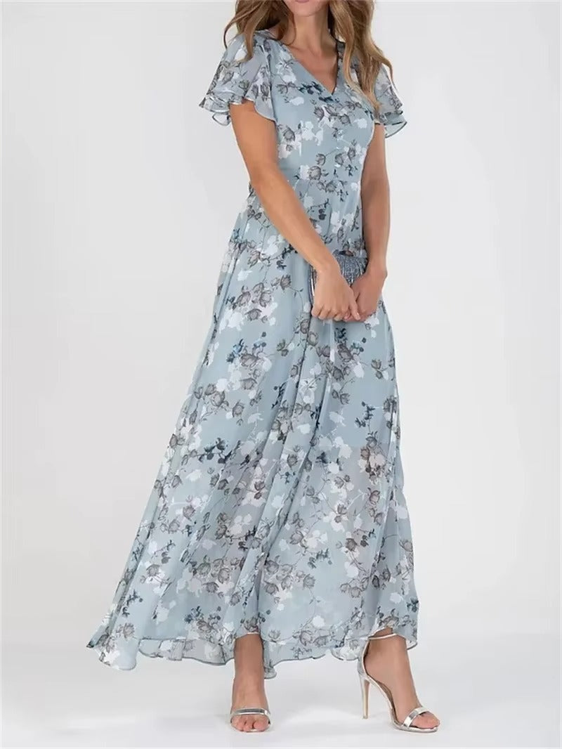Women's floral high waist dress with V-neck, ruffle sleeves, and elegant feminine silhouette