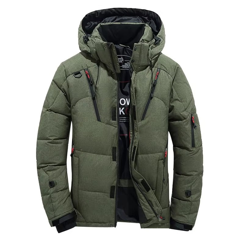 Men's black hooded down parka with white duck down insulation rated for -20°F extreme cold weather