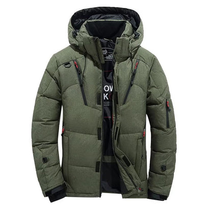 Men's black hooded down parka with white duck down insulation rated for -20°F extreme cold weather