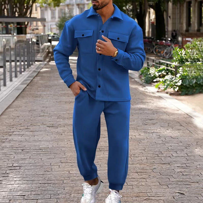 Men's brown suede cargo jacket and pants two-piece set with multi-pocket utility design