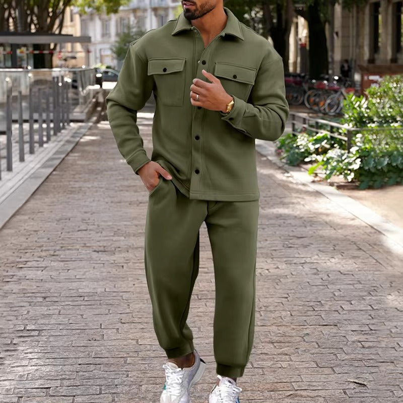 Men's brown suede cargo jacket and pants two-piece set with multi-pocket utility design