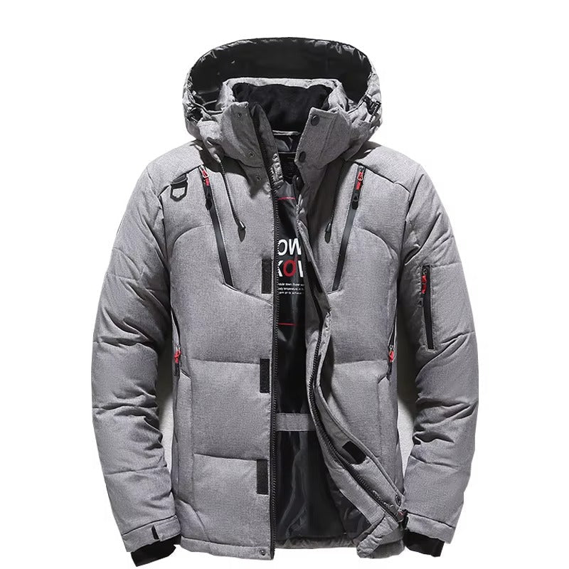 Men's black hooded down parka with white duck down insulation rated for -20°F extreme cold weather