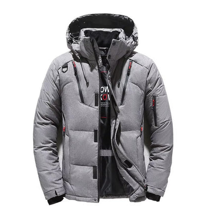 Men's black hooded down parka with white duck down insulation rated for -20°F extreme cold weather