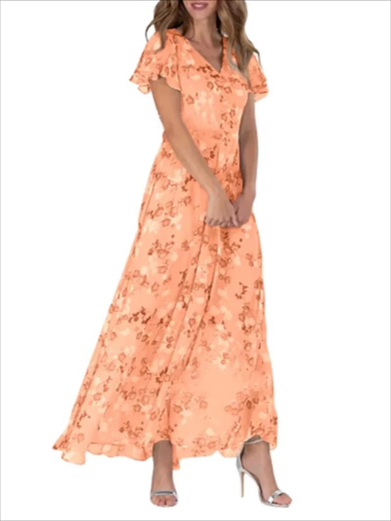Women's floral high waist dress with V-neck, ruffle sleeves, elegant feminine silhouette