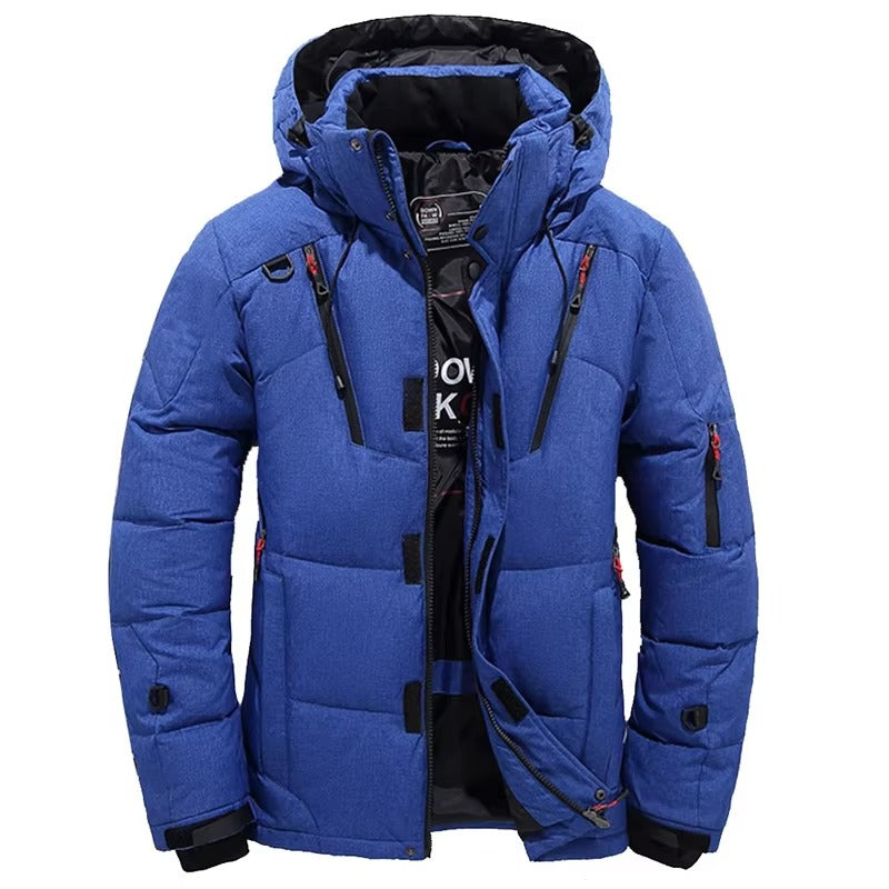 Men's black hooded down parka with white duck down insulation rated for -20°F extreme cold weather