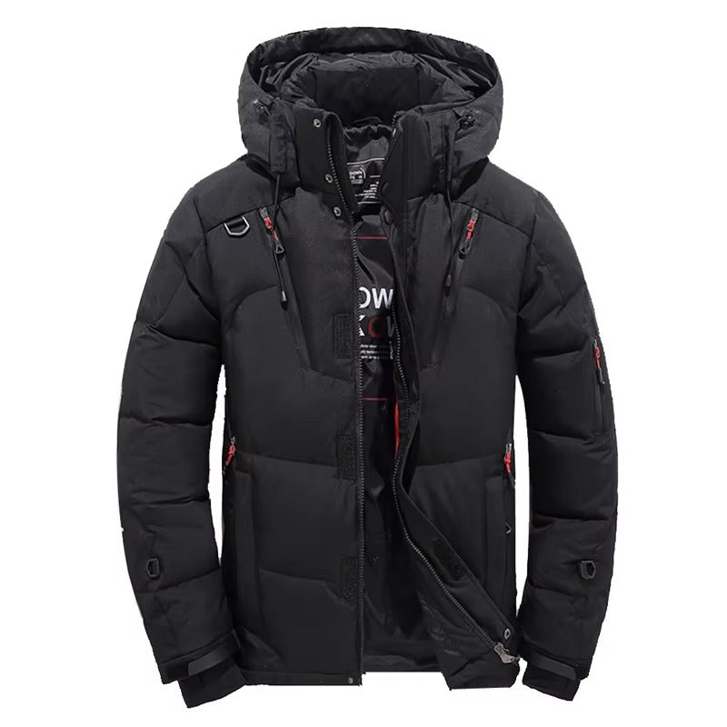 Men's navy hooded down parka with white duck down insulation, extreme cold -20° winter jacket
