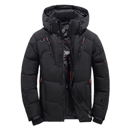 Men's navy hooded down parka with white duck down insulation, extreme cold -20° winter jacket