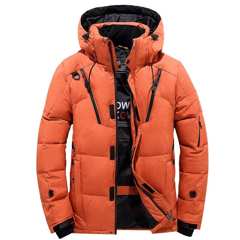 Men's black hooded down parka with white duck down insulation rated for -20 degree extreme cold