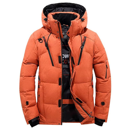 Men's black hooded down parka with white duck down insulation rated for -20 degree extreme cold