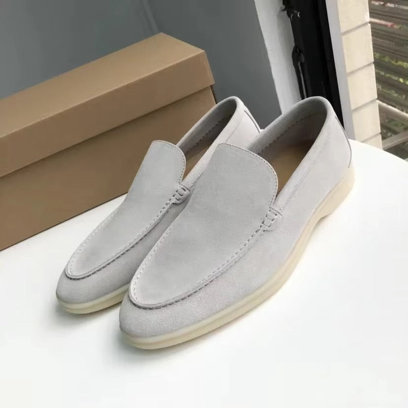 Men's genuine leather white slip-on loafers with cushioned comfort sole, clean minimalist style