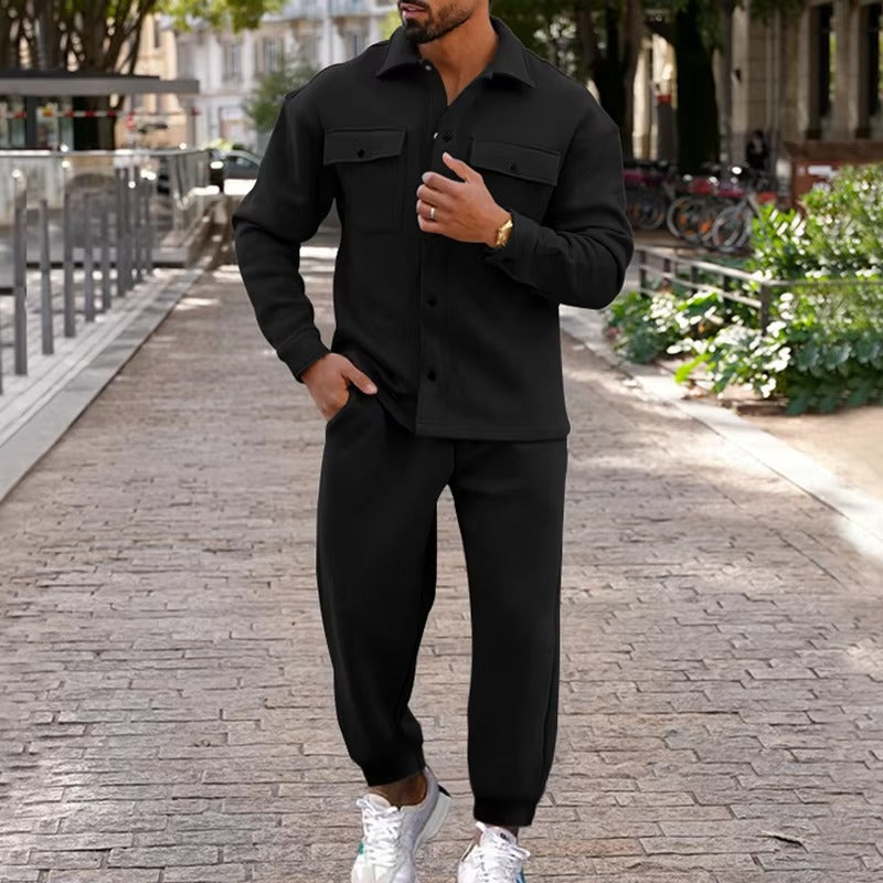 Men's brown suede cargo jacket and pants two-piece set with multi-pocket utility design