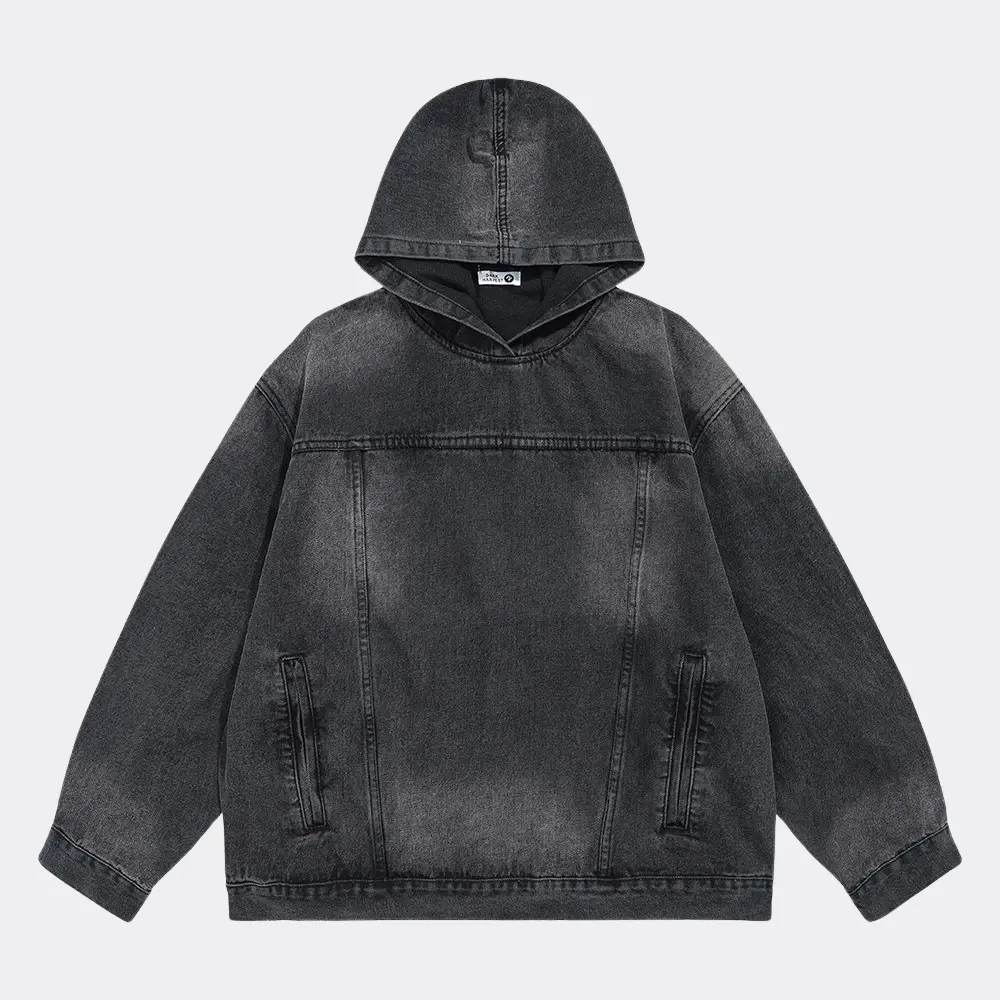 Blue denim hoodie with cozy hood, casual streetwear fit for autumn and winter everyday wear
