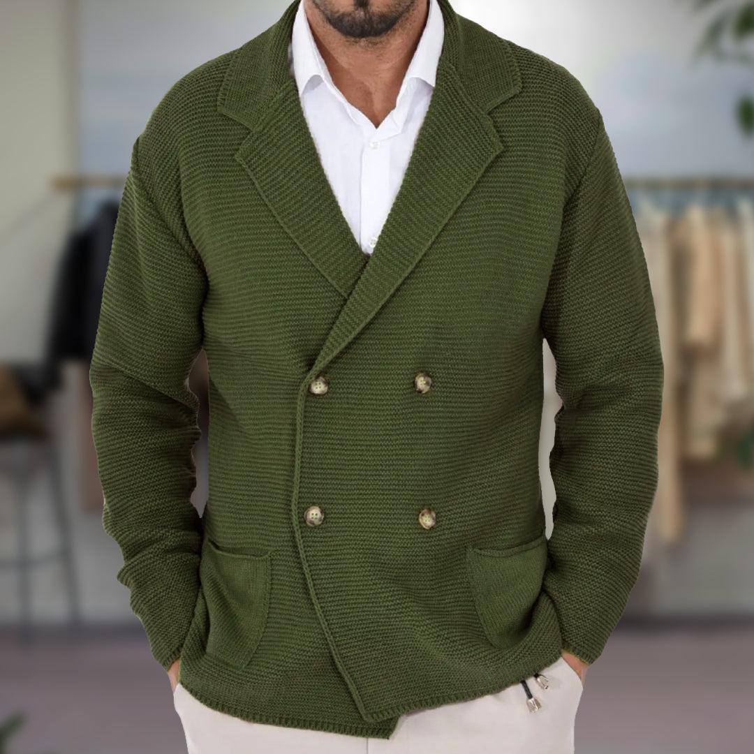 Navy double-breasted cardigan men slim fit blazer-inspired knit tailored silhouette breathable warmth