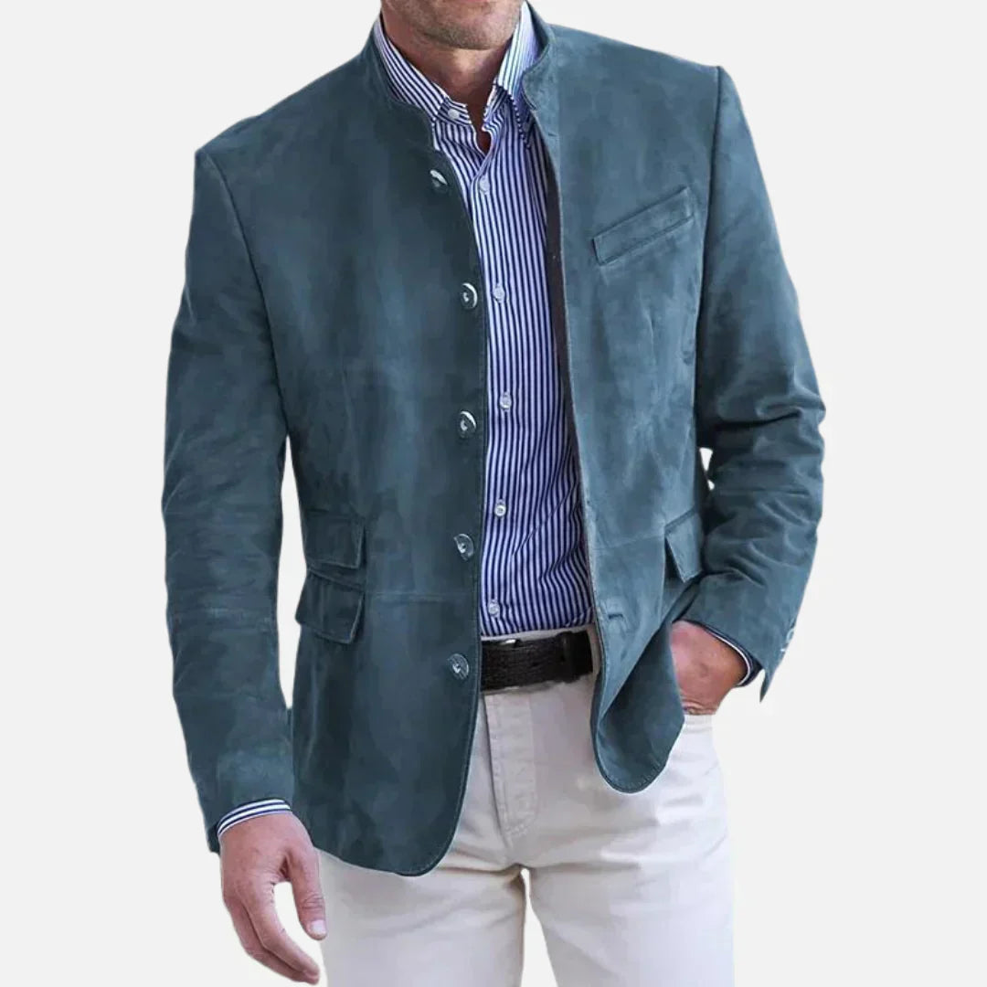 Men's navy tailored mandarin collar blazer with single-breasted button front Italian premium style