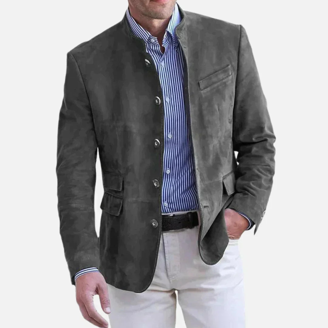 Men's tailored mandarin collar blazer, slim Italian-cut jacket with single-breasted button front