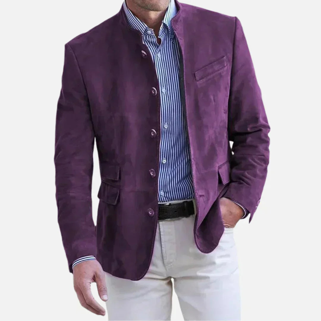 Men's charcoal tailored mandarin collar blazer with single-breasted button front Italian-style jacket