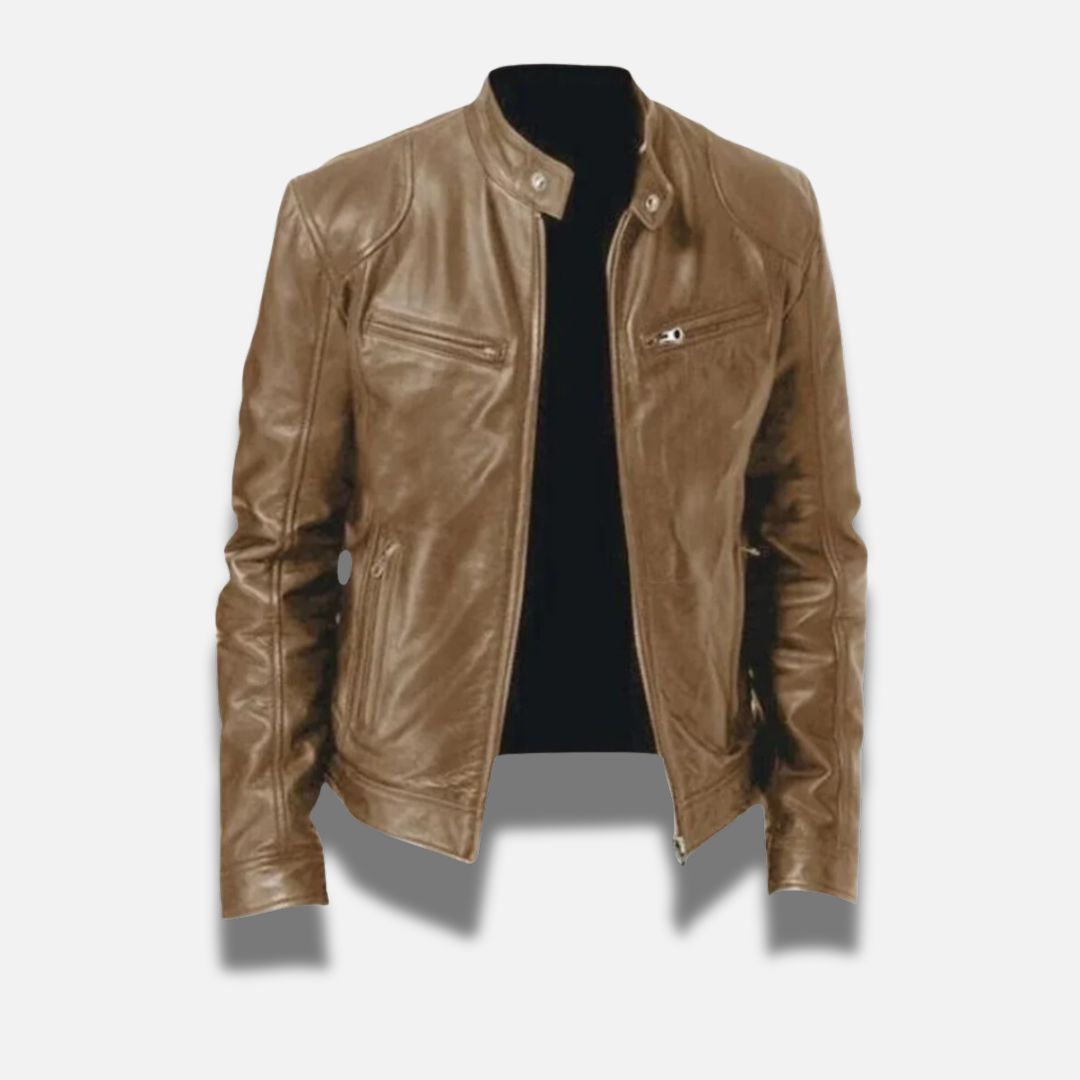 Men's slim fit black leather racer jacket with band collar and zipper pockets for a sleek look