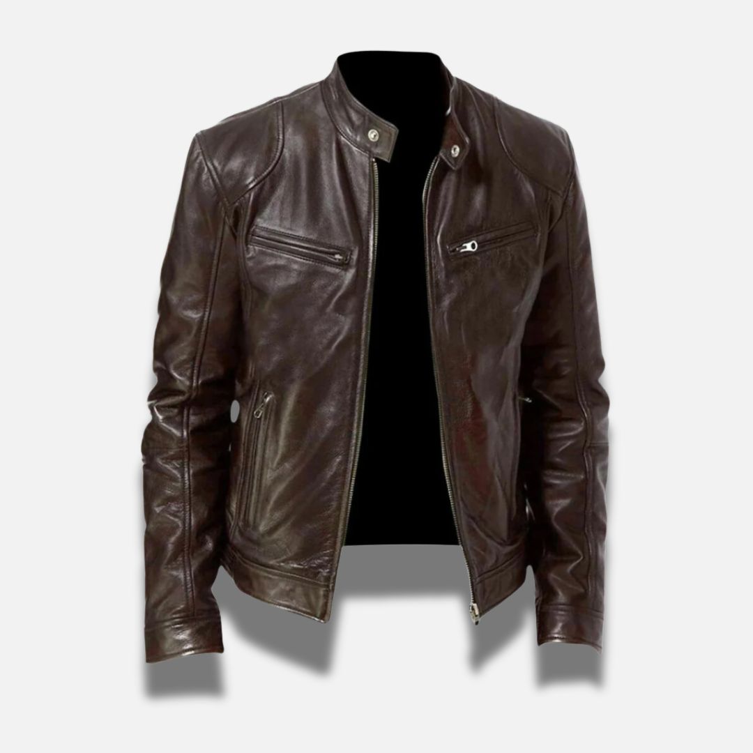 Men's slim fit black vegan leather racer jacket with band collar and zipper pockets