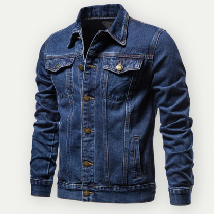 Men's light blue regular fit denim jacket with button front closure and structured cotton silhouette