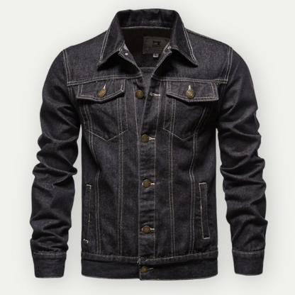 Men's light blue regular fit denim jacket with button front closure and structured cotton silhouette