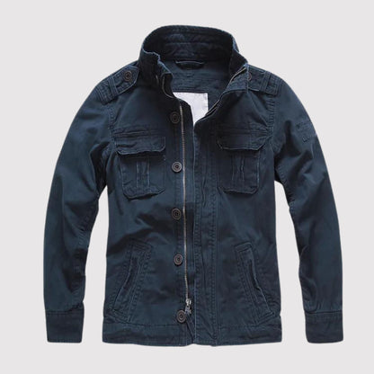 Men's blue denim jacket regular fit retro casual style with multi-pocket design