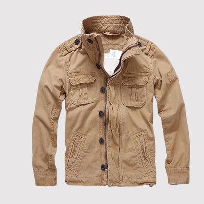 Men's blue denim jacket regular fit retro casual style with multi-pocket design