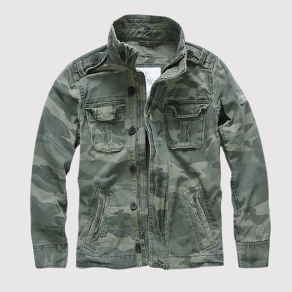 Men's blue denim jacket regular fit retro casual style with multi-pocket design