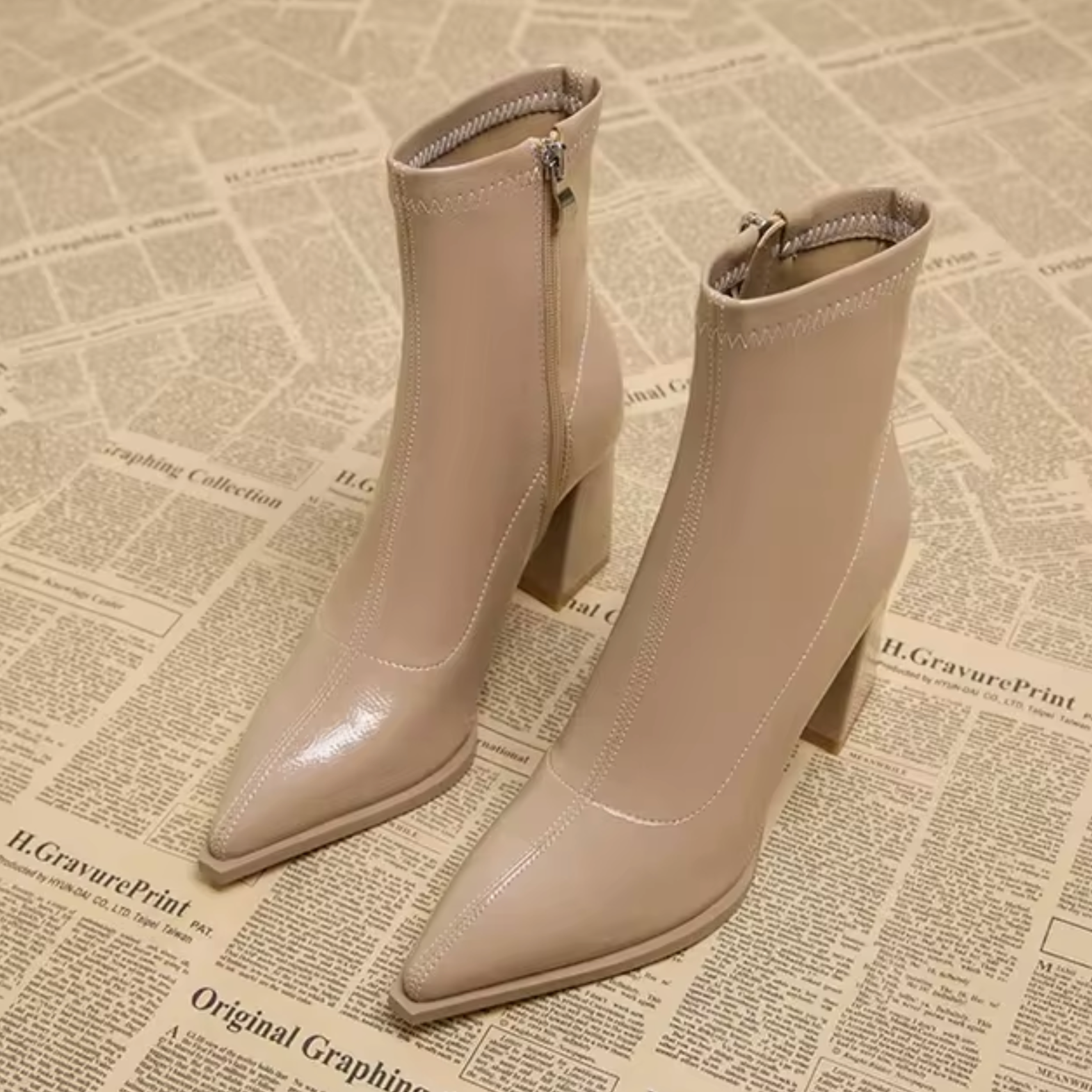 Women's black genuine leather ankle boots pointed toe block heel zipper closure daily elegance