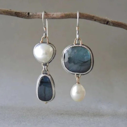 Azura™ | Vintage Blue Gem & Pearl Earrings - WAVLYNN