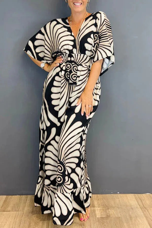Women's bohemian wide-leg jumpsuit V-neck wide sleeves smocked waist soft cotton blend