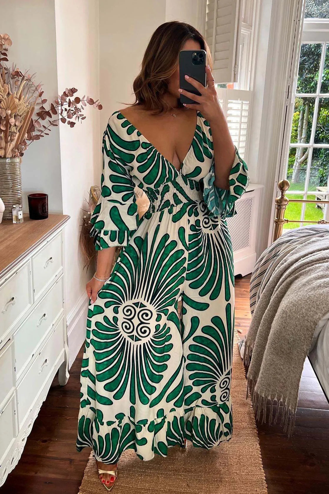 Women's bohemian wide-leg jumpsuit V-neck wide sleeves smocked waist soft cotton blend