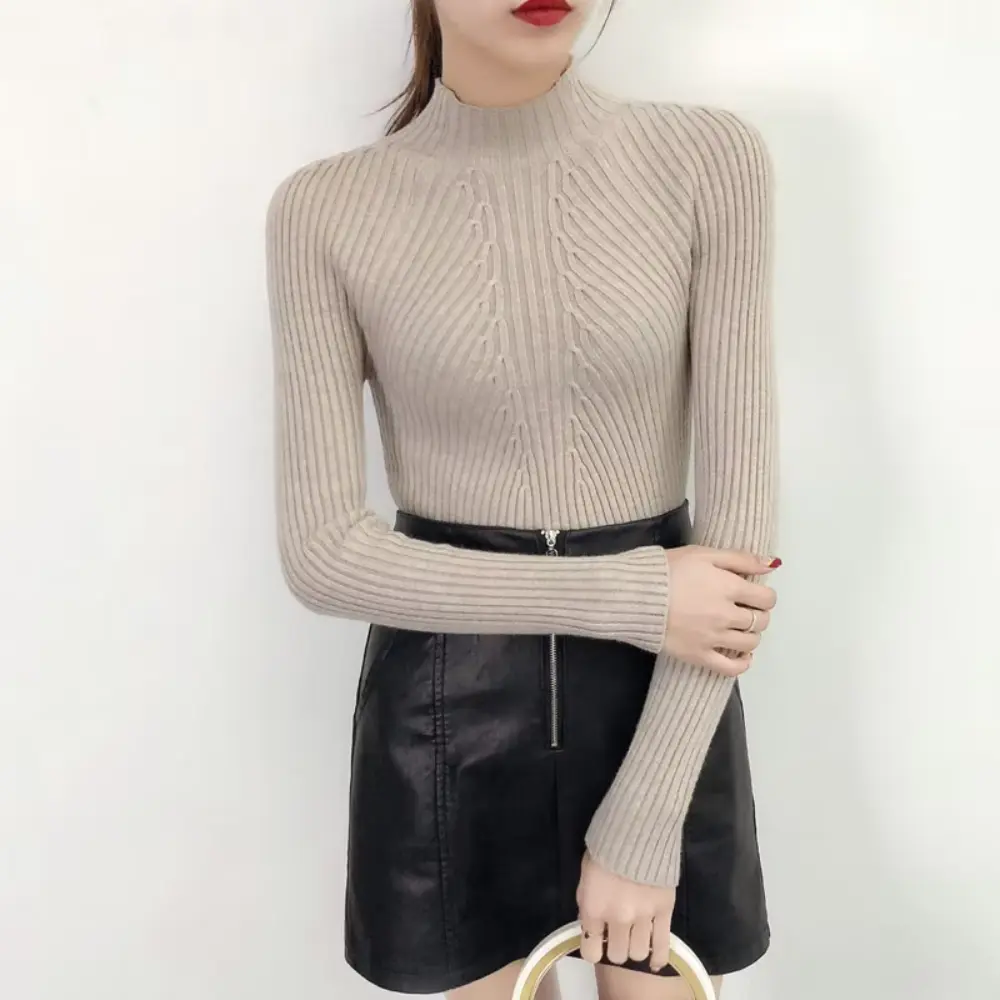 Viviana slim fit turtleneck knit pullover top in neutral tone for autumn layering