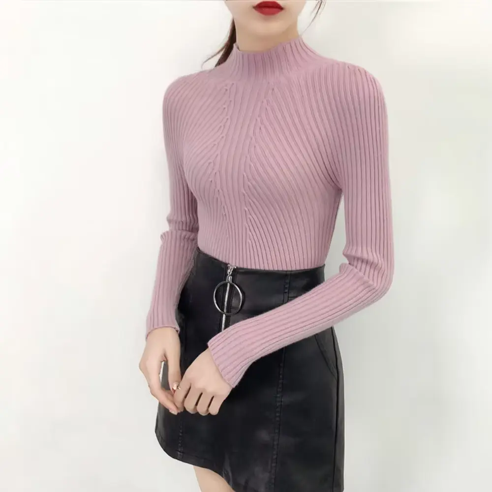 Viviana slim fit turtleneck knit pullover top in neutral tone for autumn layering