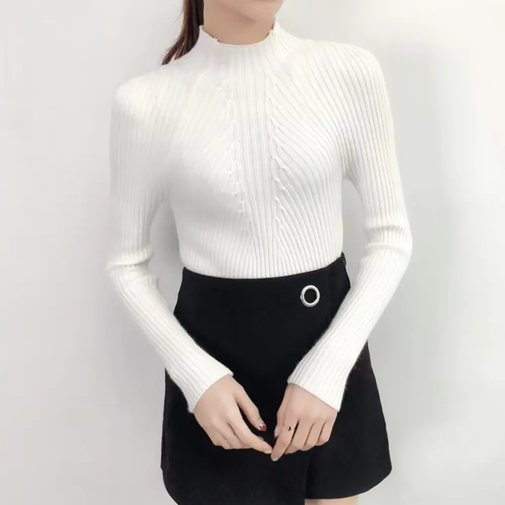 Viviana slim fit turtleneck knit pullover top in soft neutral tone for autumn layering