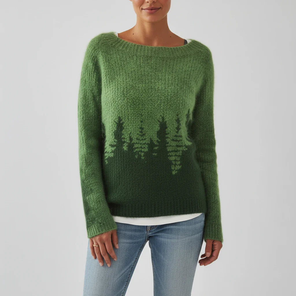 Women's relaxed-fit crewneck knit sweater with cozy Fair Isle tree pattern print