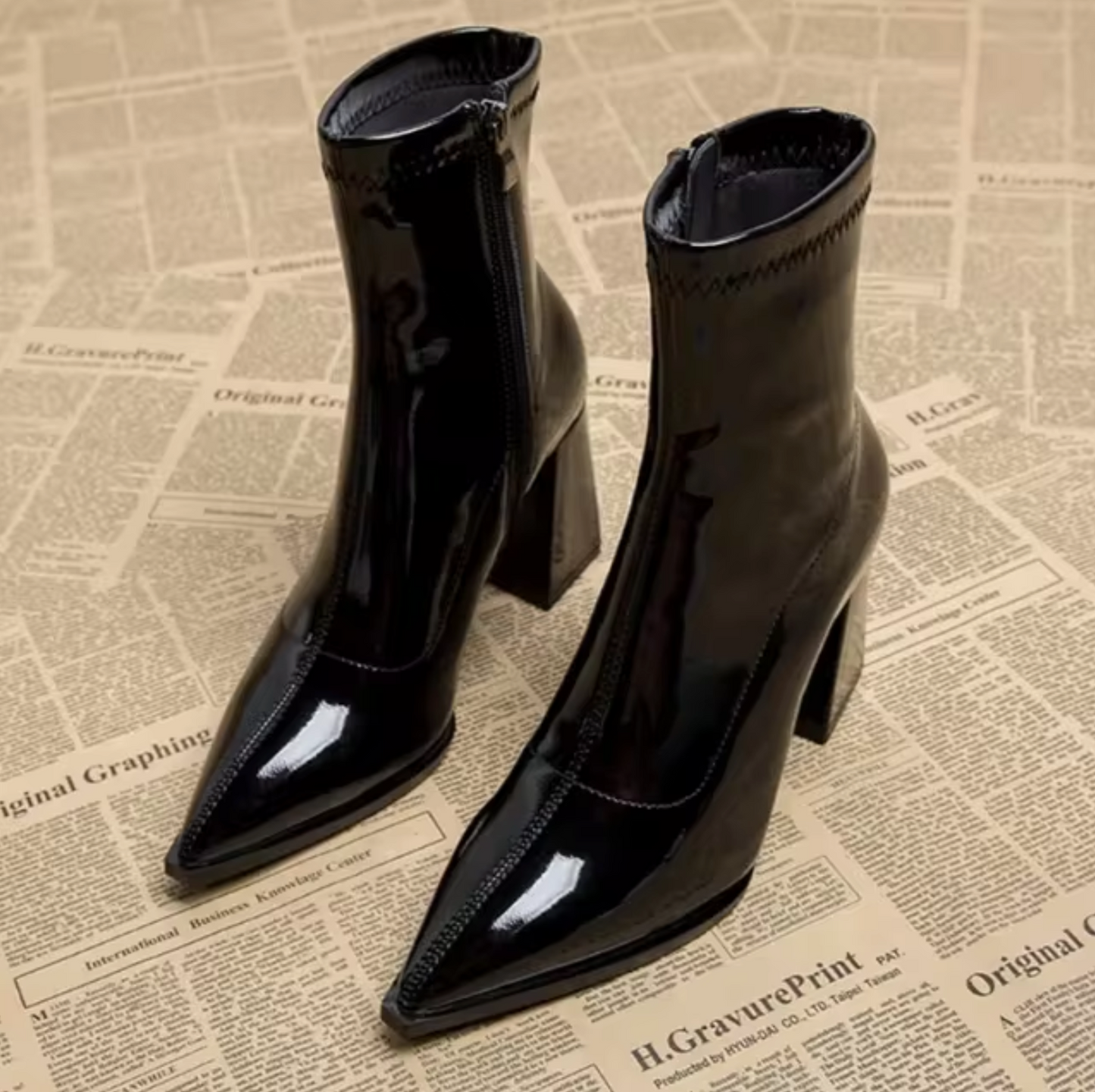Women's black genuine leather ankle boots with pointed toe and block heel zipper closure