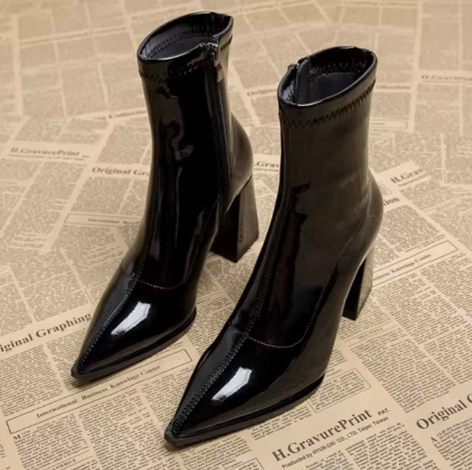 Women's black genuine leather ankle boots with pointed toe and block heel zipper closure