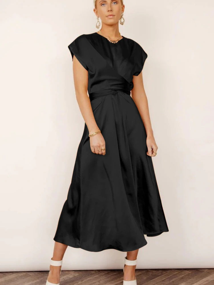 Women's midi dress featuring V-neck wrap design, A-line silhouette in elegant Nordic-inspired style