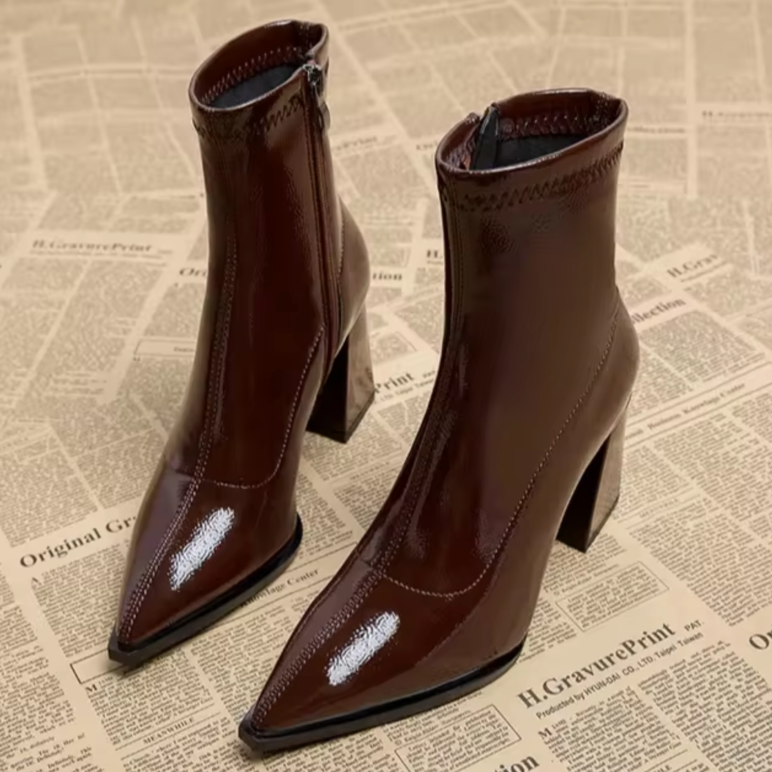 Women's black genuine leather ankle boots, pointed toe block heel with side zipper closure