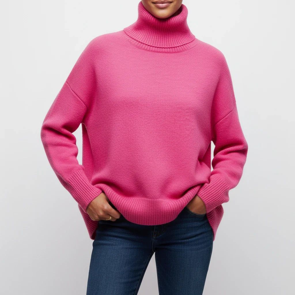 Women's oversized turtleneck knit sweater with drop shoulders and short sleeves for cozy casual style