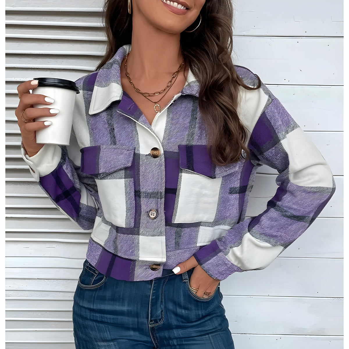 Cropped plaid-wash jacket with faux horn buttons, patch pockets, turn-down collar, relaxed chic fit