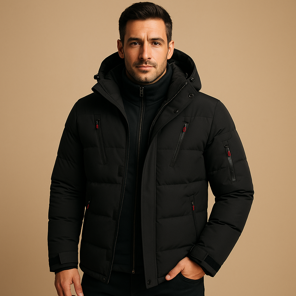 Men's black insulated puffer jacket with attached hood, heavy-duty winter design for outdoor protection