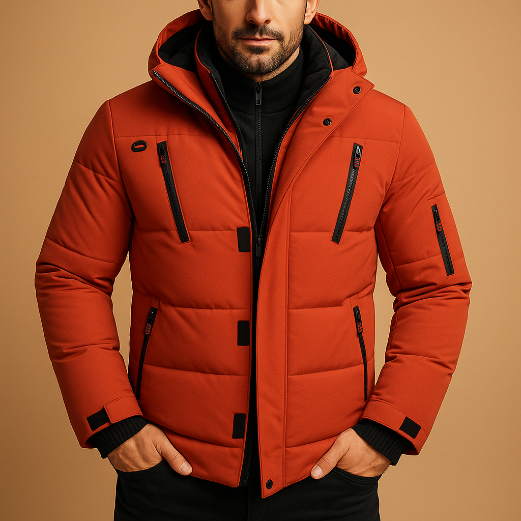 Men's heavy-duty insulated puffer jacket with hood, water-resistant shell for winter outdoor protection