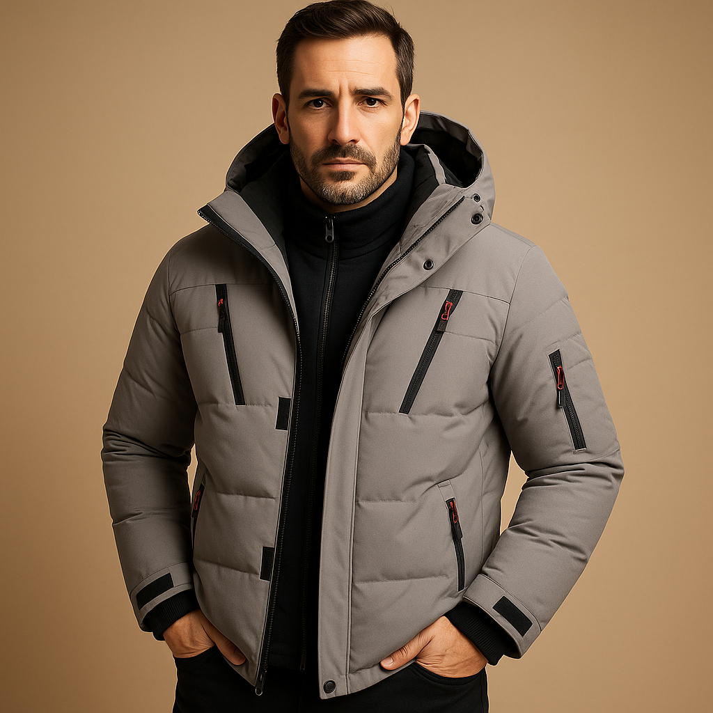 Men's heavy-duty insulated puffer jacket with hood, rugged weather-resistant shell for winter outdoor