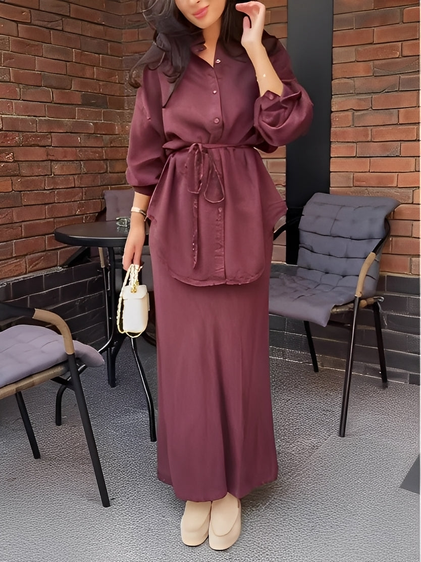 Beige long-sleeve tie-drawstring shirt and skirt matching set with adjustable waist drawstring