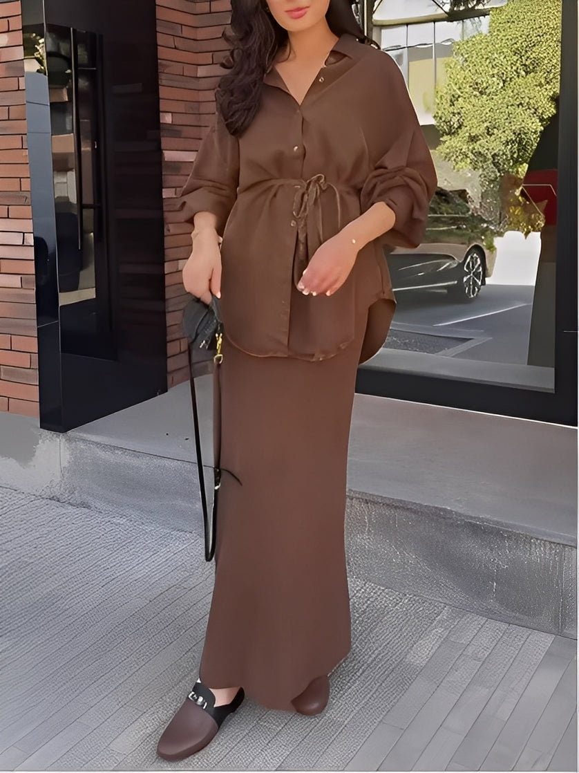 Beige long-sleeve tie-drawstring shirt and skirt coord set with adjustable waist detail