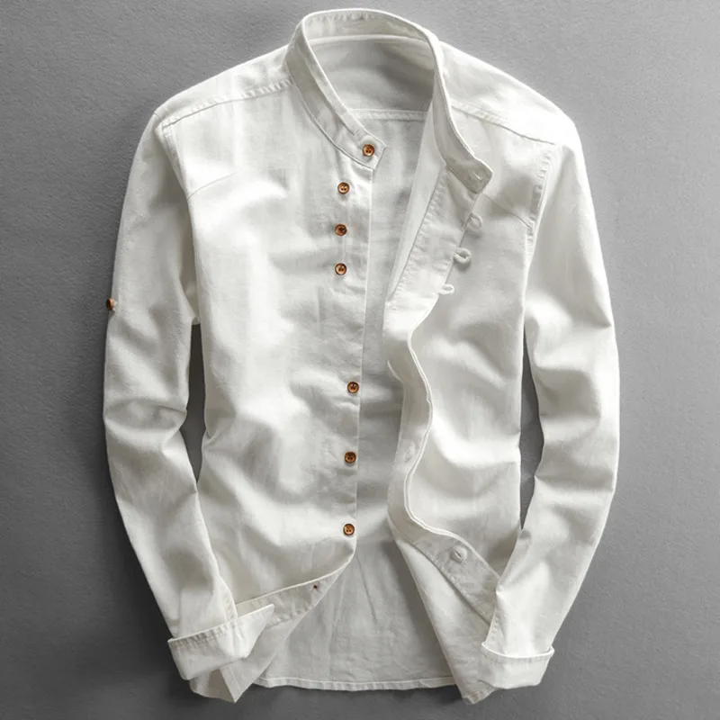 Men slim fit white linen shirt mandarin collar button front long sleeve hip length casual wear