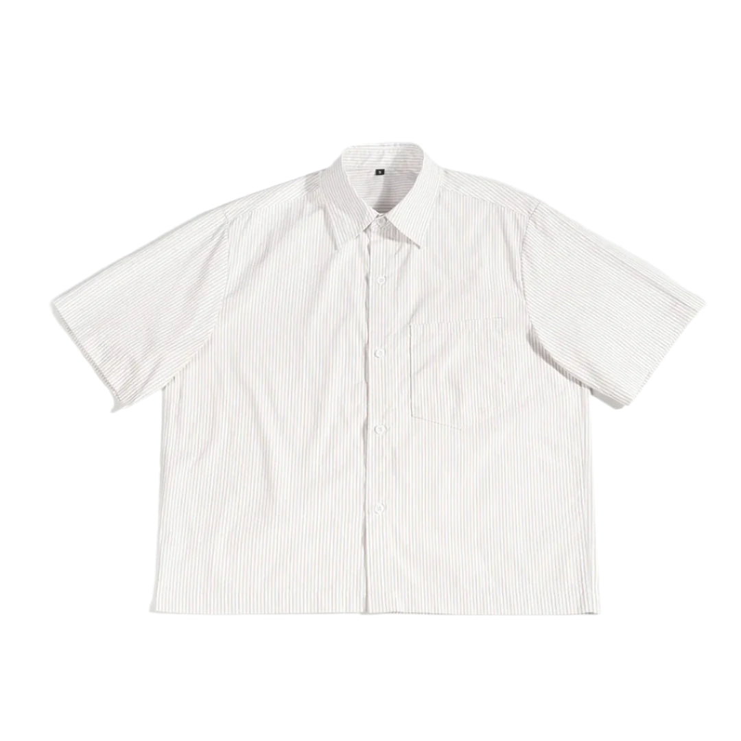 White and navy vertical stripe cropped cotton shirt with loose boxy fit and turn-down collar