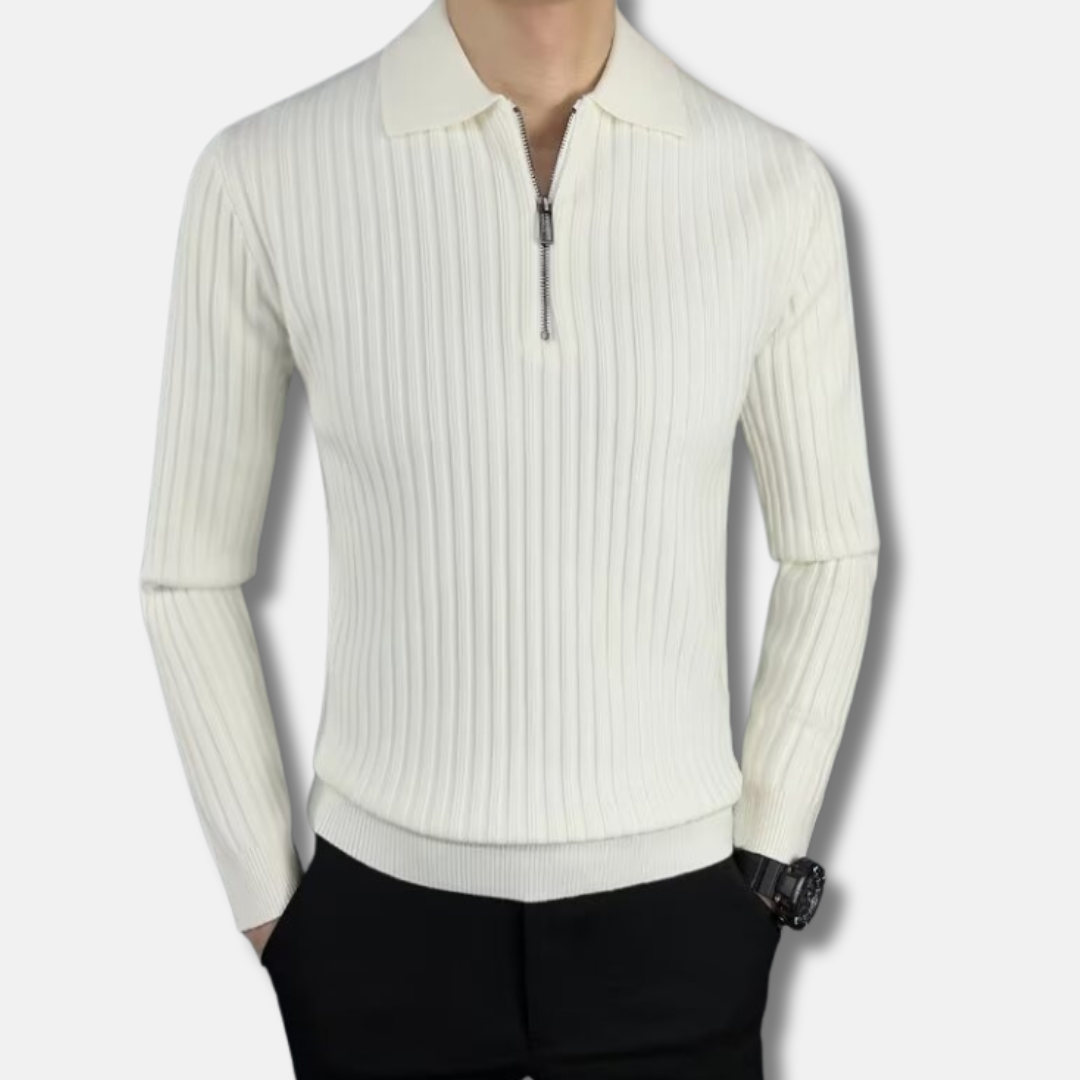 Men's ribbed knit half-zip polo collar sweater slim fit smart casual long sleeve knitwear